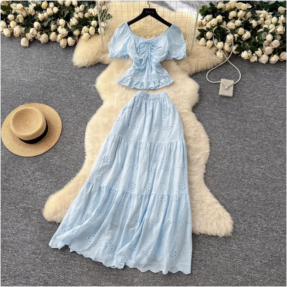 French style women s outfit fitted waist square neck puff sleeve blouse and high waisted hollowed out embroidered skirt vacation style set