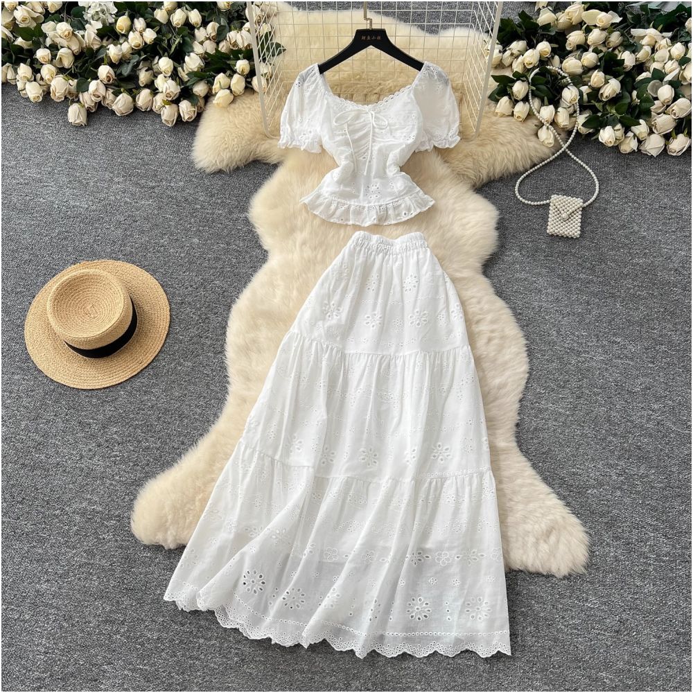 French style women s outfit fitted waist square neck puff sleeve blouse and high waisted hollowed out embroidered skirt vacation style set