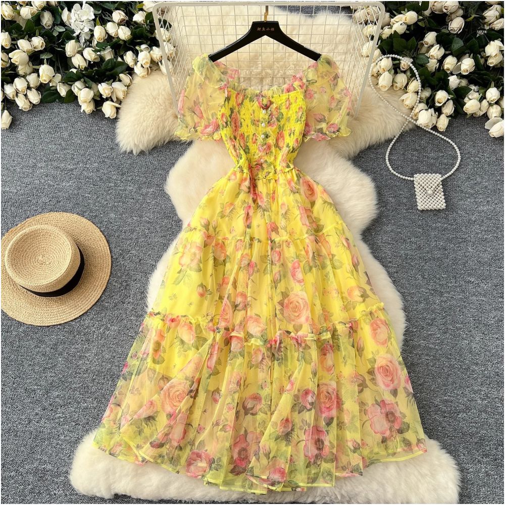 Tea break retro French style gentle floral chiffon dress for women waist cinching elegant off shoulder puff sleeve mesh skirt image 0