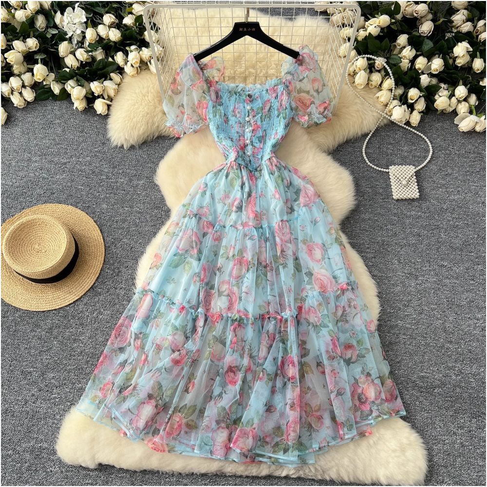 Tea break retro French style gentle floral chiffon dress for women waist cinching elegant off shoulder puff sleeve mesh skirt image 2