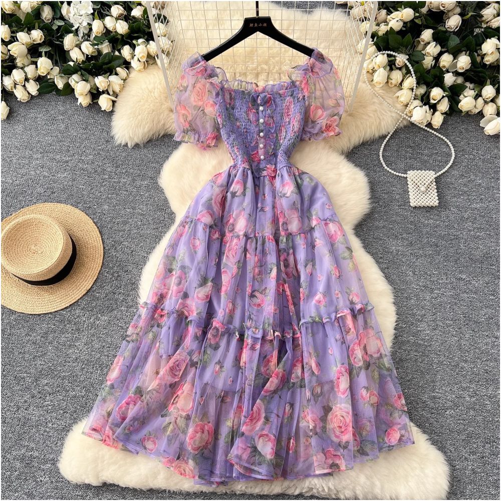 Tea break retro French style gentle floral chiffon dress for women waist cinching elegant off shoulder puff sleeve mesh skirt image 4