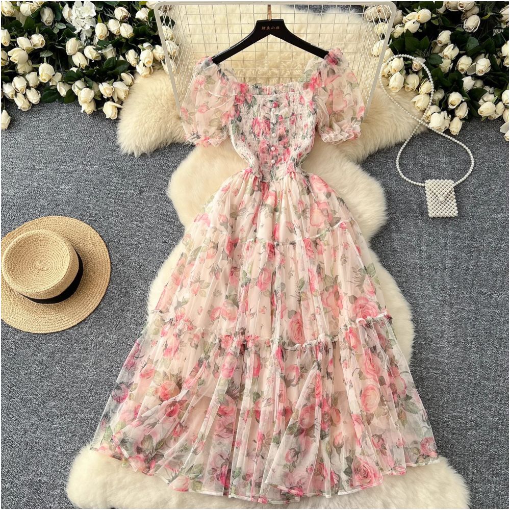 Tea break retro French style gentle floral chiffon dress for women waist cinching elegant off shoulder puff sleeve mesh skirt