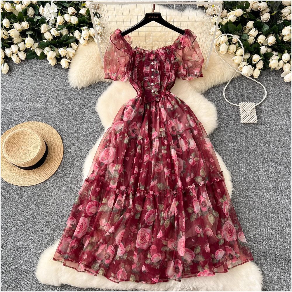Tea break retro French style gentle floral chiffon dress for women waist cinching elegant off shoulder puff sleeve mesh skirt