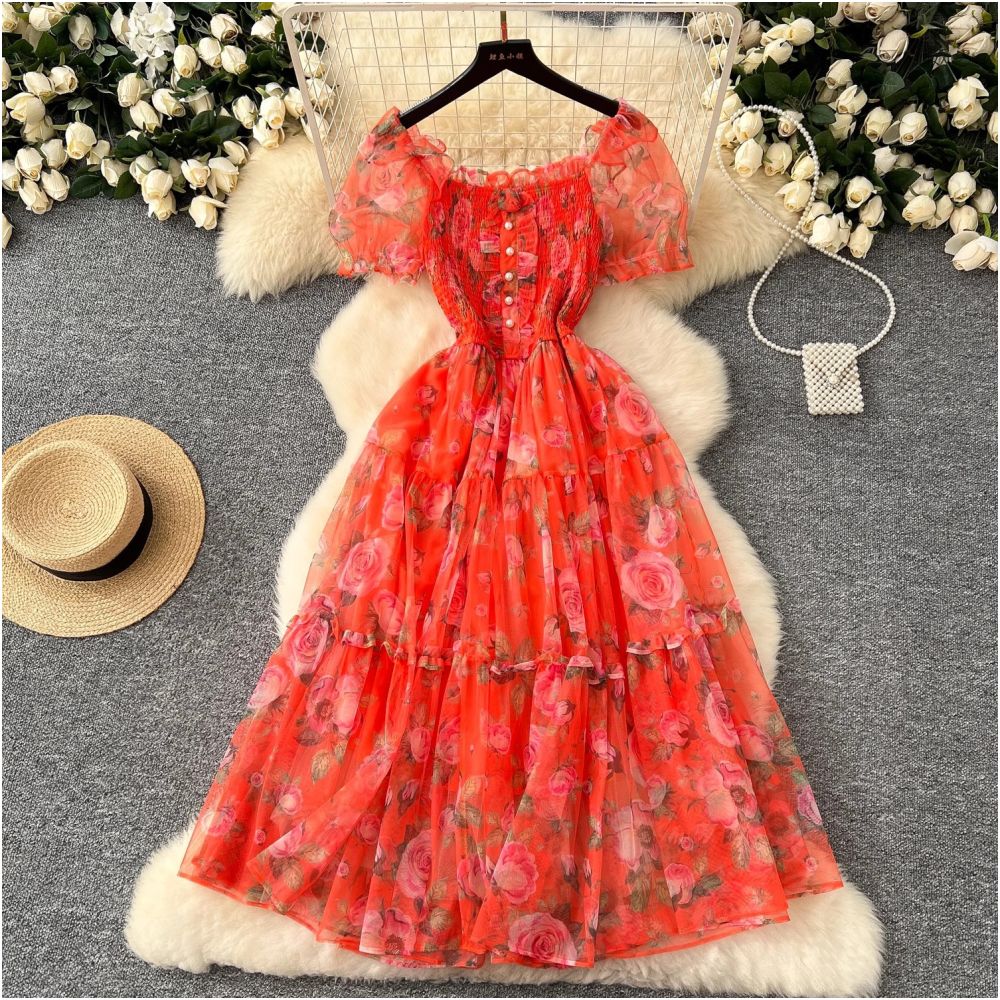 Tea break retro French style gentle floral chiffon dress for women waist cinching elegant off shoulder puff sleeve mesh skirt
