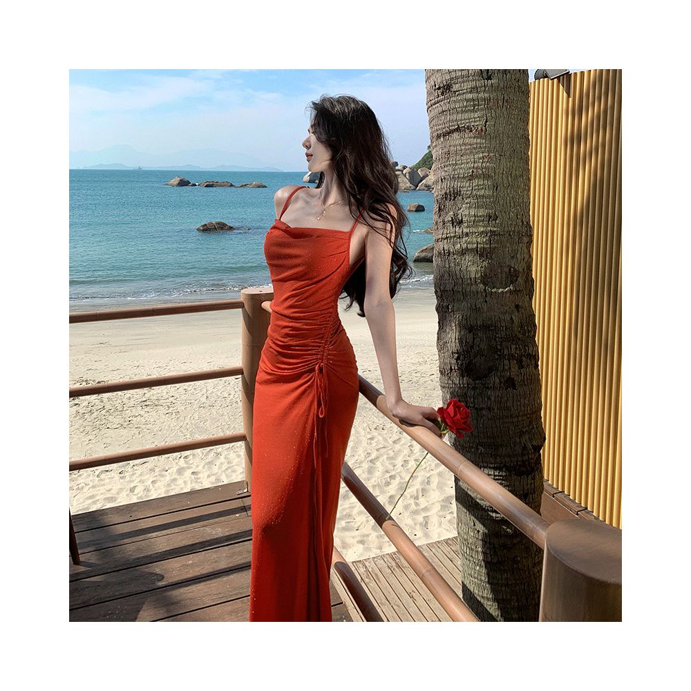 Pure and alluring design fishtail dress shimmering silk gown halter neck dress drawstring slit resort style slip dress image 0