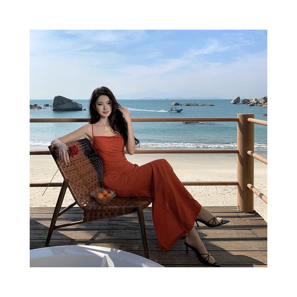 Pure and alluring design fishtail dress shimmering silk gown halter neck dress drawstring slit resort style slip dress image 1