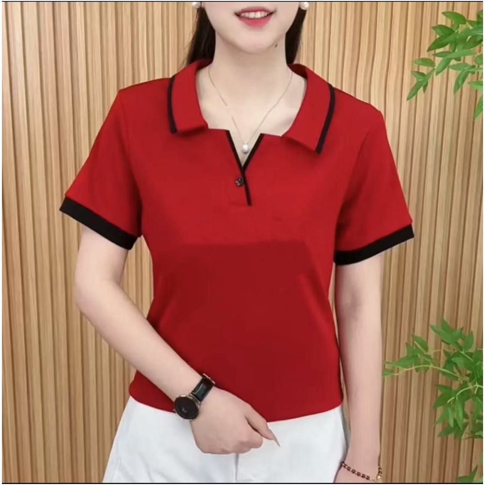 2025 Summer New Korean Style Fashionable and Stylish Mother s Outfit Color Block Retro Lapel Loose Slimming Short Sleeve T Shirt for Women image 0