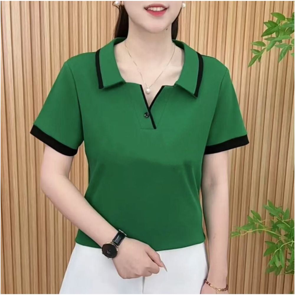 2025 Summer New Korean Style Fashionable and Stylish Mother s Outfit Color Block Retro Lapel Loose Slimming Short Sleeve T Shirt for Women