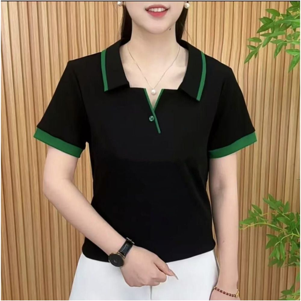 2025 Summer New Korean Style Fashionable and Stylish Mother s Outfit Color Block Retro Lapel Loose Slimming Short Sleeve T Shirt for Women