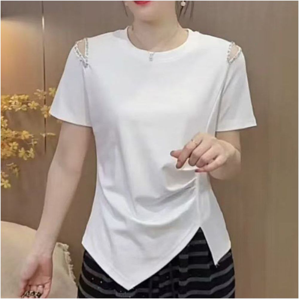 This stylish new summer T shirt features a unique design with hollowed out beading details making it a youthful and flattering base layer It s also a versatile and slimming option image 1