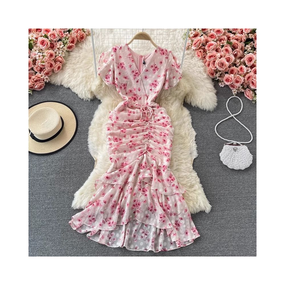 Summer French retro gentle style ruffled V neck fishtail bodycon chiffon floral dress fashion formal dress image 0