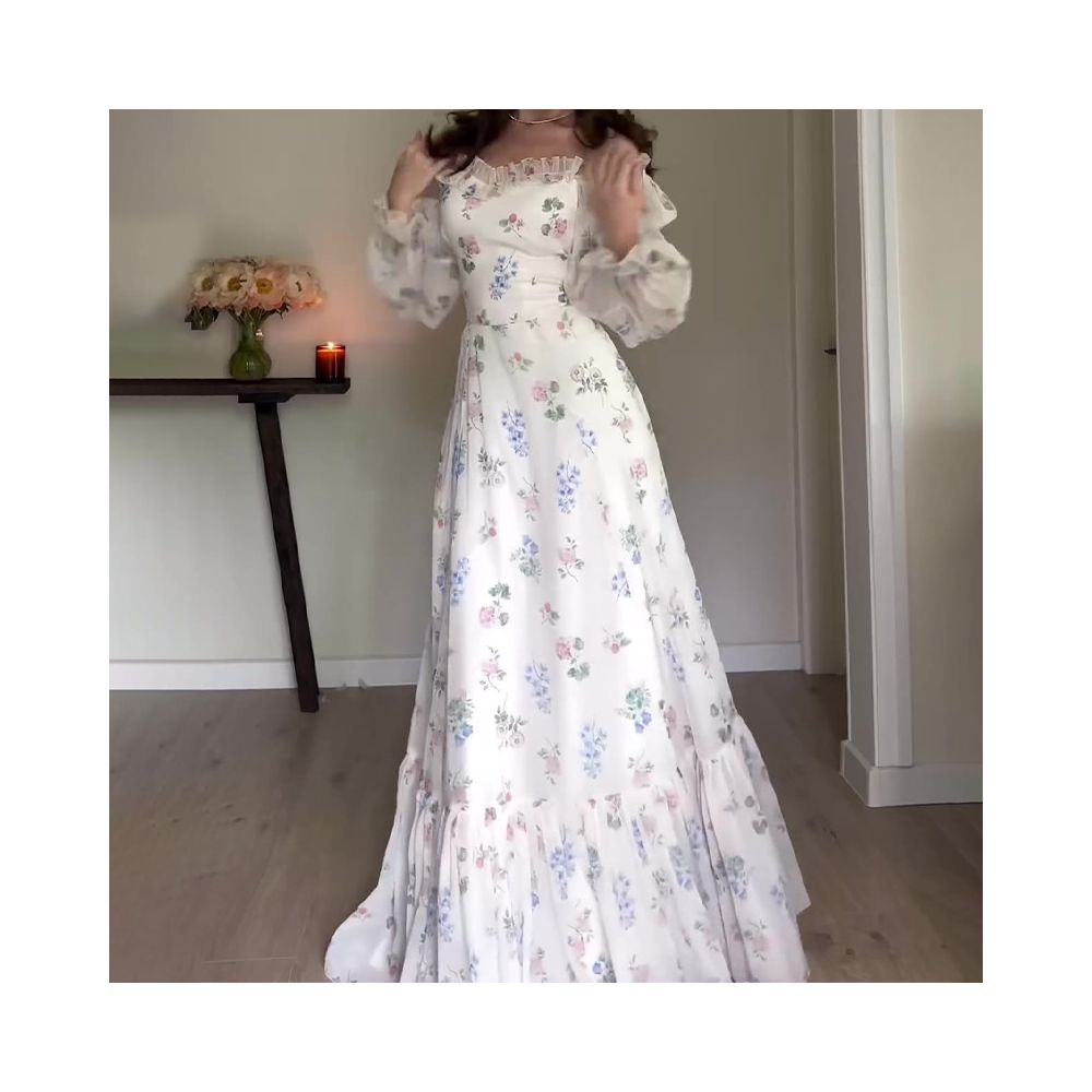 2024 European and American export women s clothing cross border autumn square neck court style lantern sleeve long dress high waist slim fit floral dress