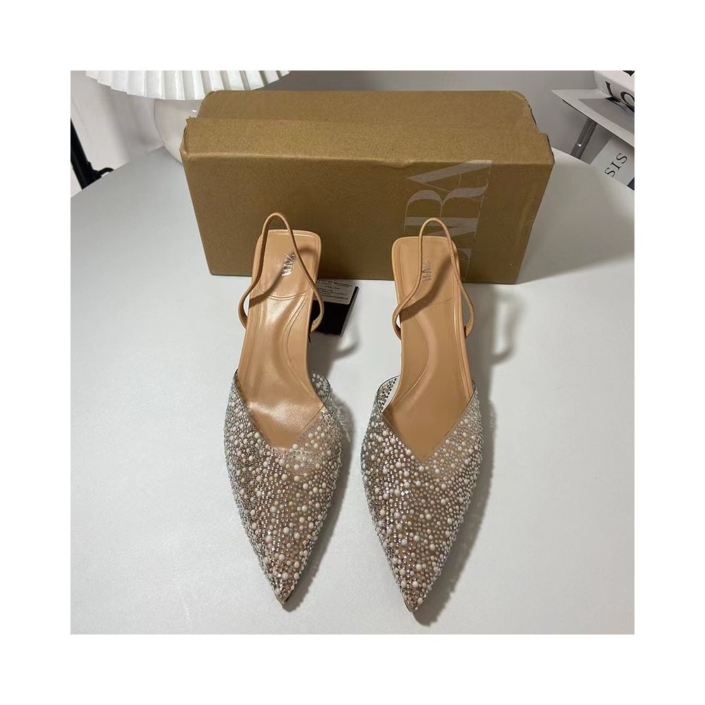 ZA Women s Shoes 2025 Spring New Transparent PVC Pearl Rhinestone Pointed Toe Fashion Back Strap High Heel Stiletto Women s Shoes