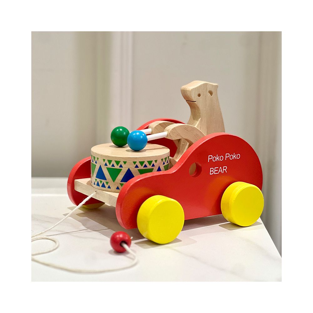 Wooden toy for toddlers pull along walker early education toy children s educational beech wood bear drumming trolley image 1