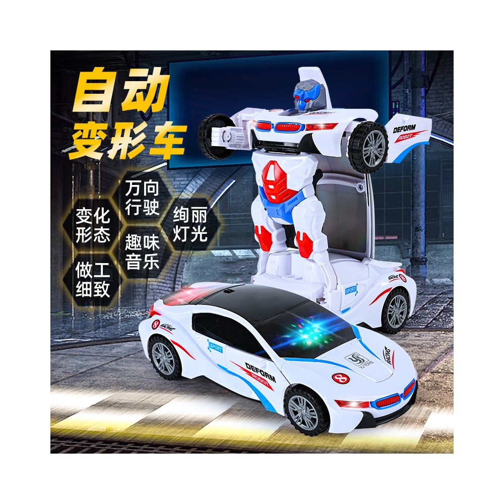 White racing car transforming robot with lights and music omnidirectional automatic shape changing toy for boys image 0