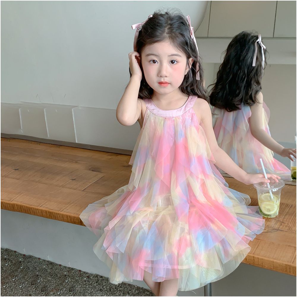 Girls summer dress 2025 new stylish baby tank top princess dress children s summer dress mesh dress