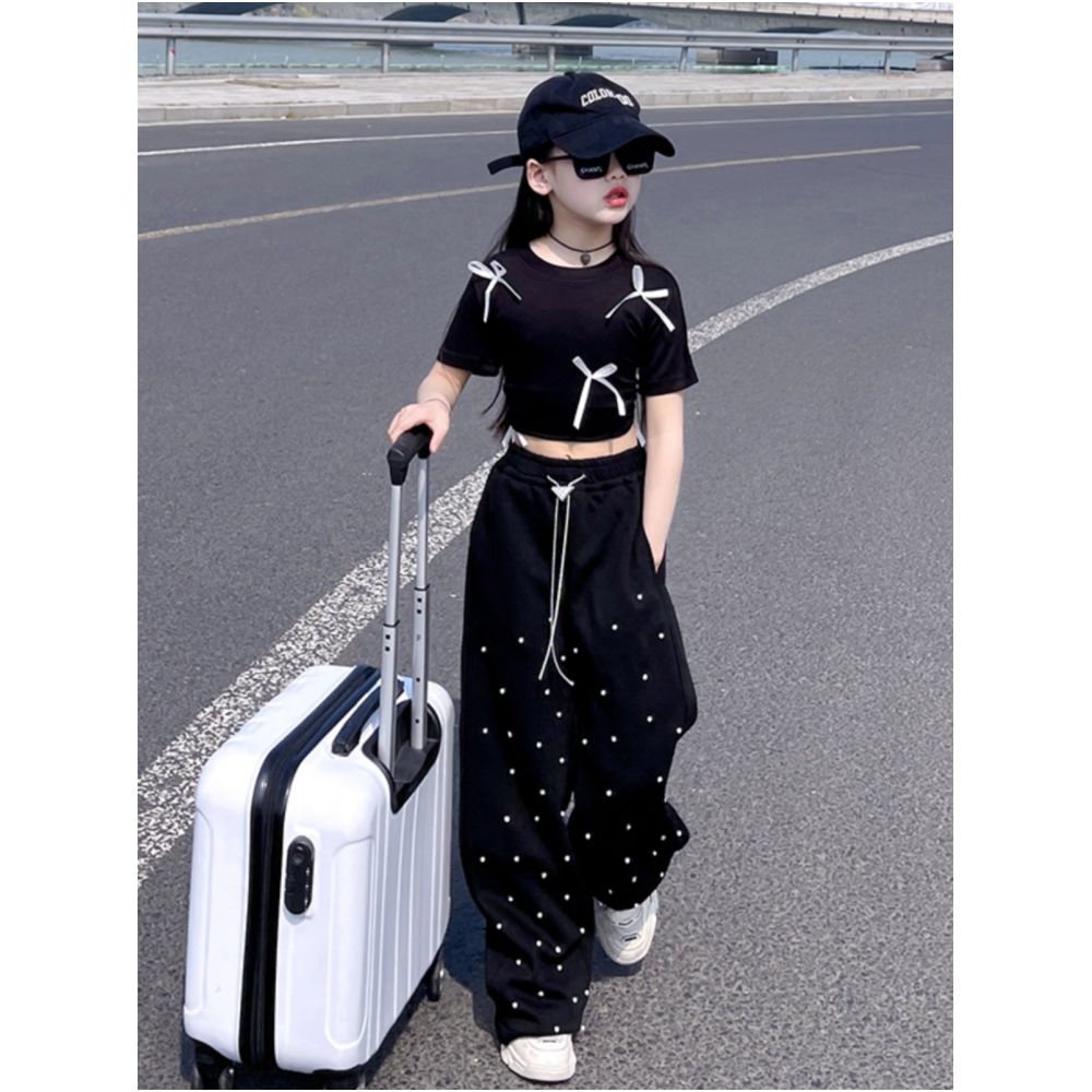 Girls small bow short sleeved T shirt 05 summer new style mid to large children s stylish short half sleeved top base shirt image 0