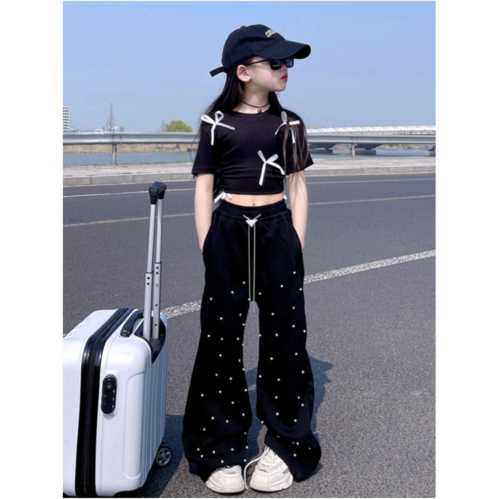 Girls small bow short sleeved T shirt 05 summer new style mid to large children s stylish short half sleeved top base shirt image 1