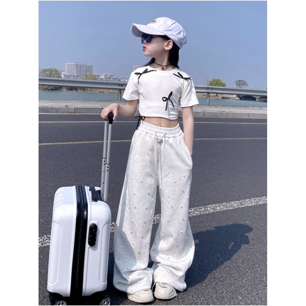 Girls small bow short sleeved T shirt 05 summer new style mid to large children s stylish short half sleeved top base shirt image 2