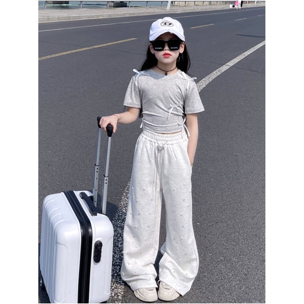 Girls small bow short sleeved T shirt 05 summer new style mid to large children s stylish short half sleeved top base shirt image 3