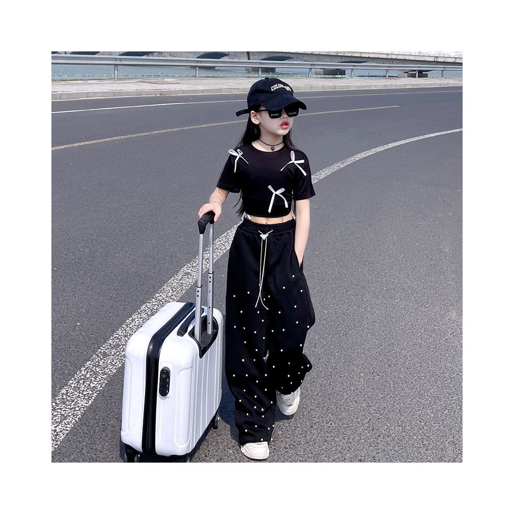 Girls small bow short sleeved T shirt 05 summer new style mid to large children s stylish short half sleeved top base shirt