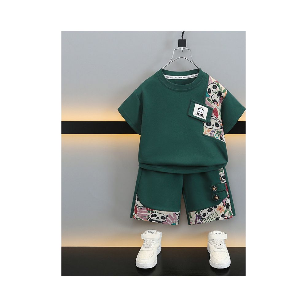 Children s Summer Panda New Chinese Style Set 2025 New Boys National Style Short Sleeve Two piece Tang Style Boys Summer Style Set image 1