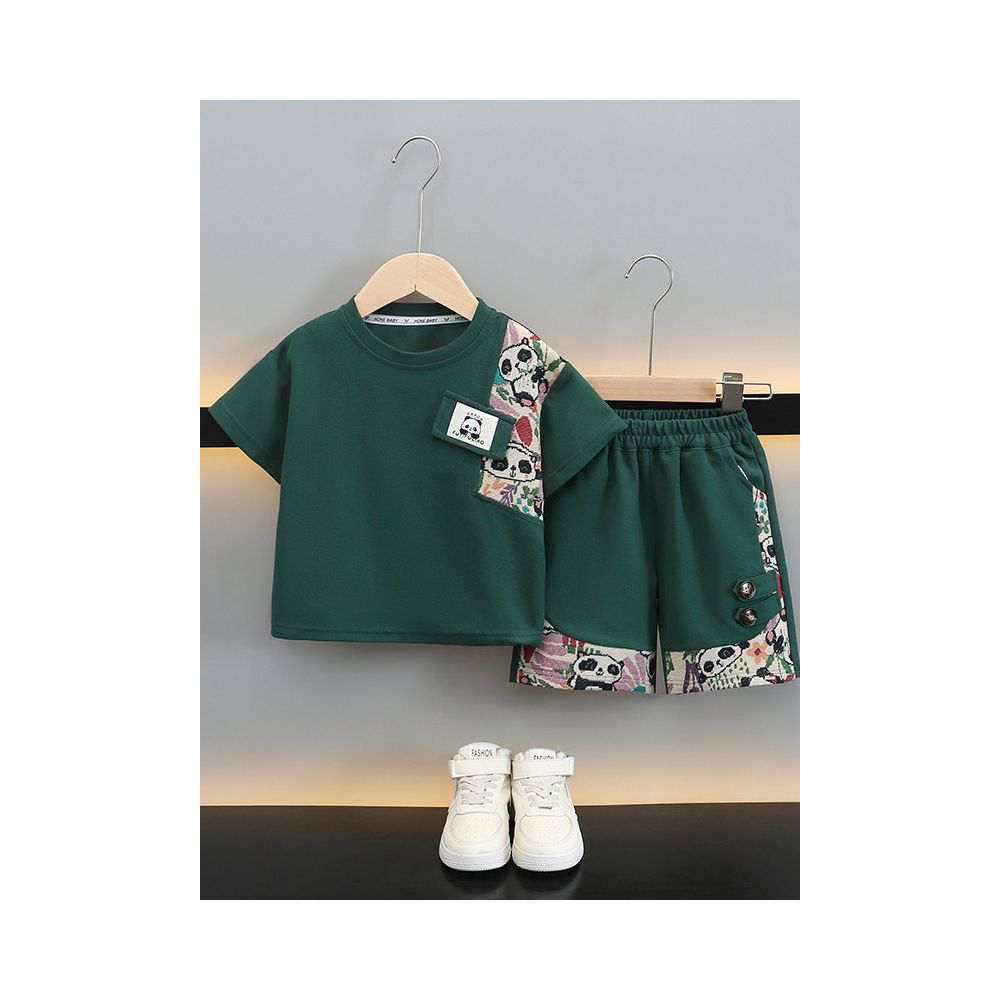 Children s Summer Panda New Chinese Style Set 2025 New Boys National Style Short Sleeve Two piece Tang Style Boys Summer Style Set image 2
