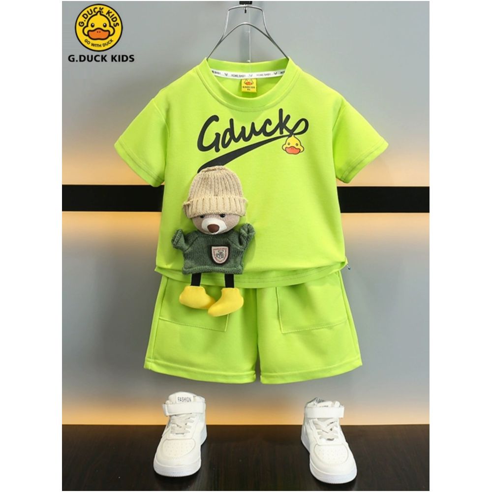 Little Yellow Duck Children s Summer Short sleeved Set for Boys Fashionable Sports Two piece Set Baby s Stylish Cartoon Cute Clothes image 1