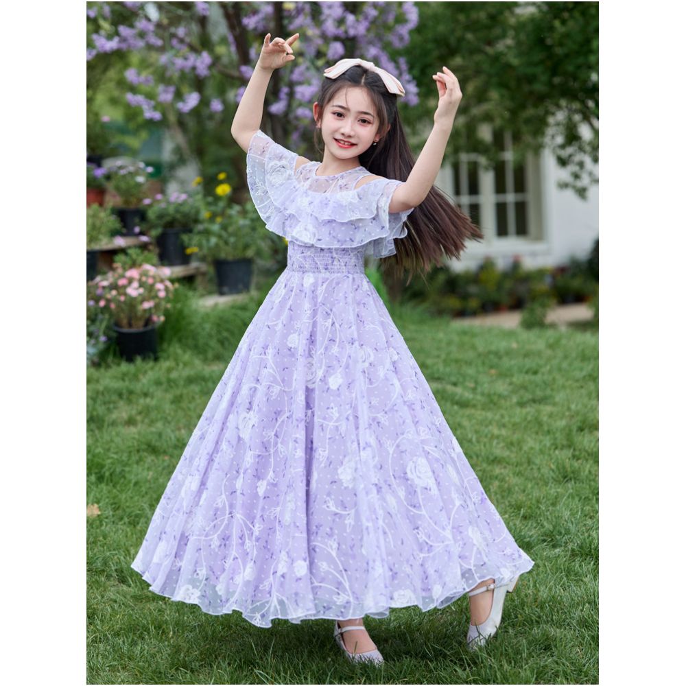 Girls summer 2025 new floral beach dress little girls summer princess dress stylish chiffon long dress image 0