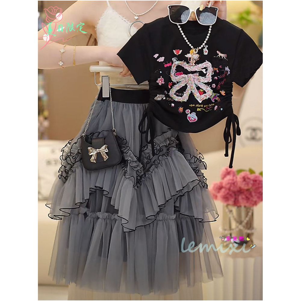 Girls Short sleeved Half skirt Set 2025 Summer Edition Sweet T shirt Bow Cartoon Waist Top Cake Yarn Skirt 8 image 0