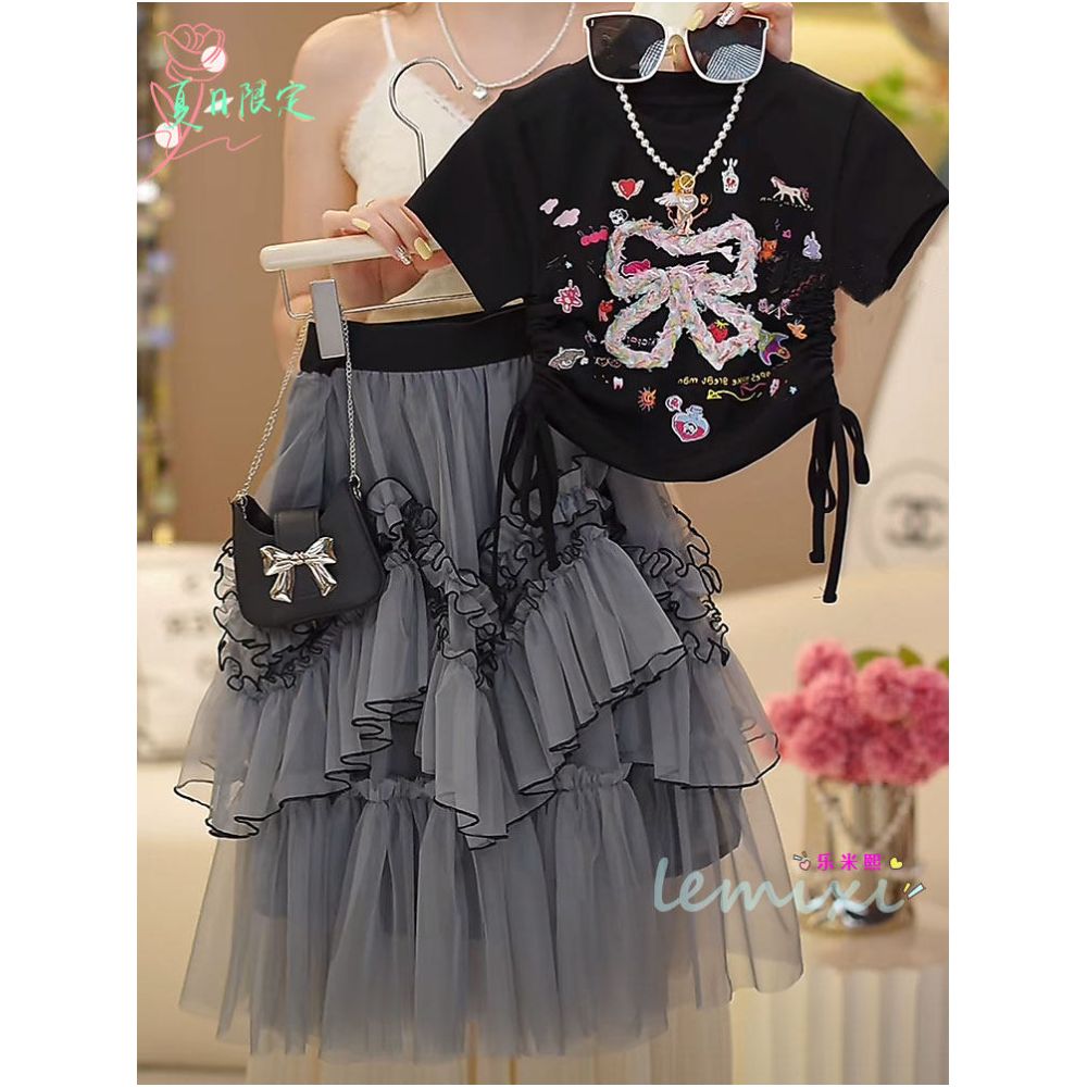 Girls Short sleeved Half skirt Set 2025 Summer Edition Sweet T shirt Bow Cartoon Waist Top Cake Yarn Skirt 8 image 1