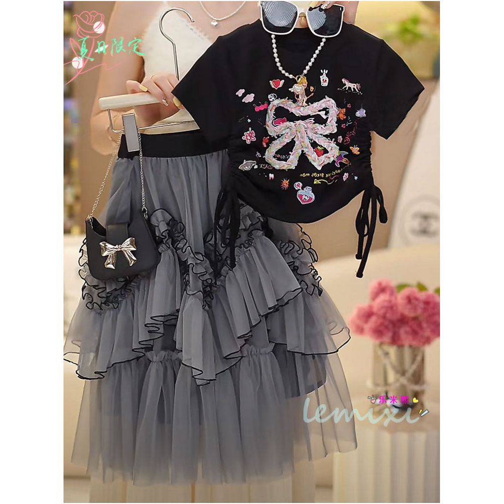 Girls Short sleeved Half skirt Set 2025 Summer Edition Sweet T shirt Bow Cartoon Waist Top Cake Yarn Skirt 8 image 2