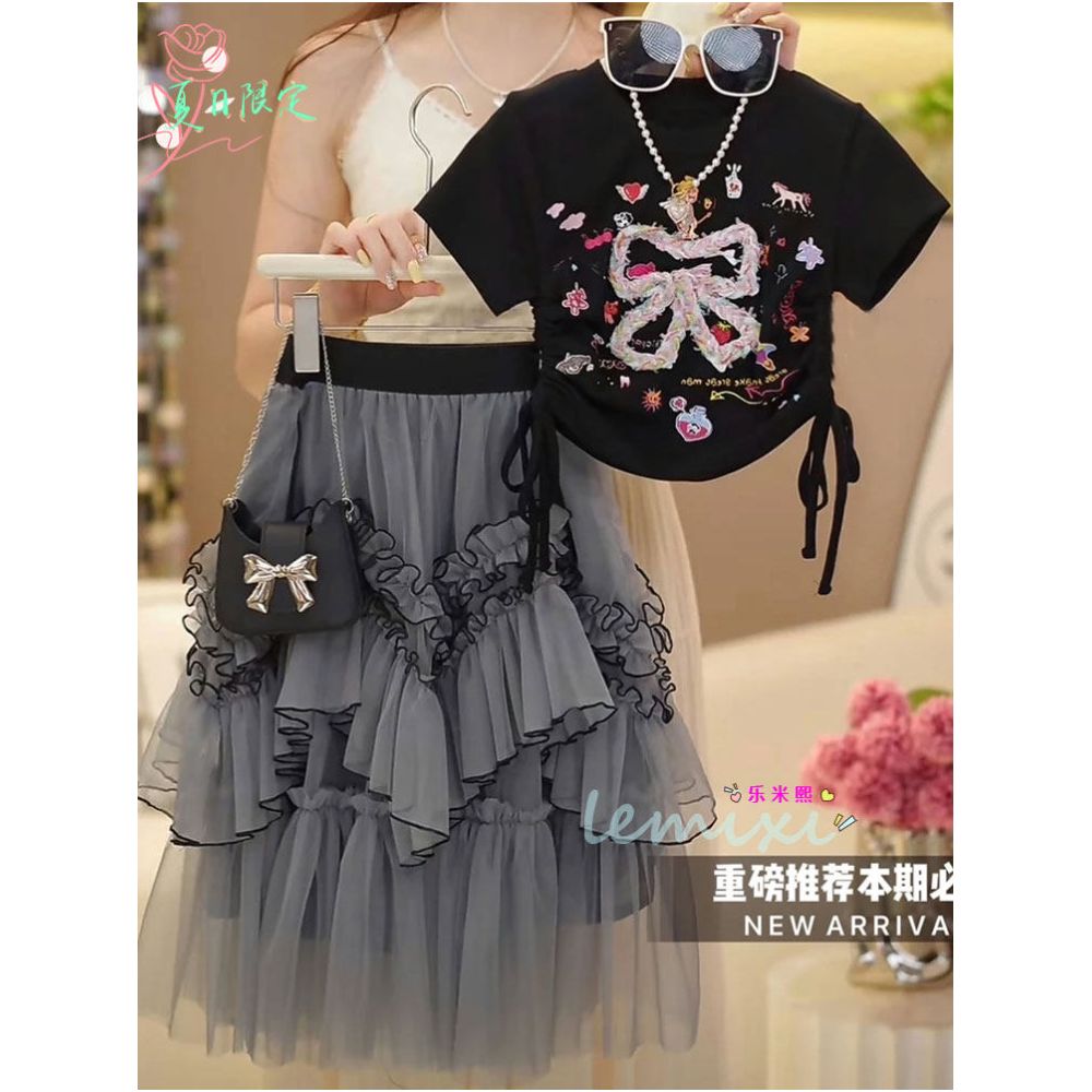 Girls Short sleeved Half skirt Set 2025 Summer Edition Sweet T shirt Bow Cartoon Waist Top Cake Yarn Skirt 8 image 3