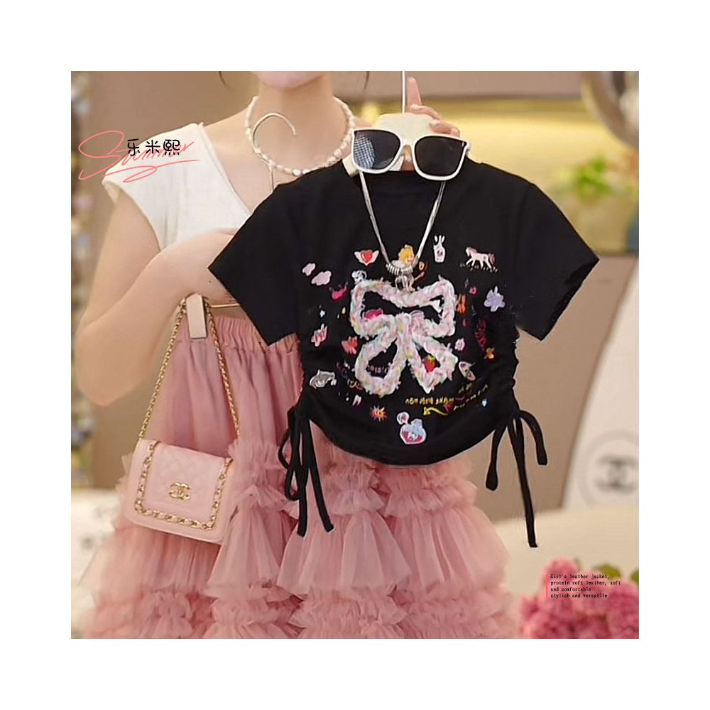 Girls Short sleeved Half skirt Set 2025 Summer Edition Sweet T shirt Bow Cartoon Waist Top Cake Yarn Skirt 8