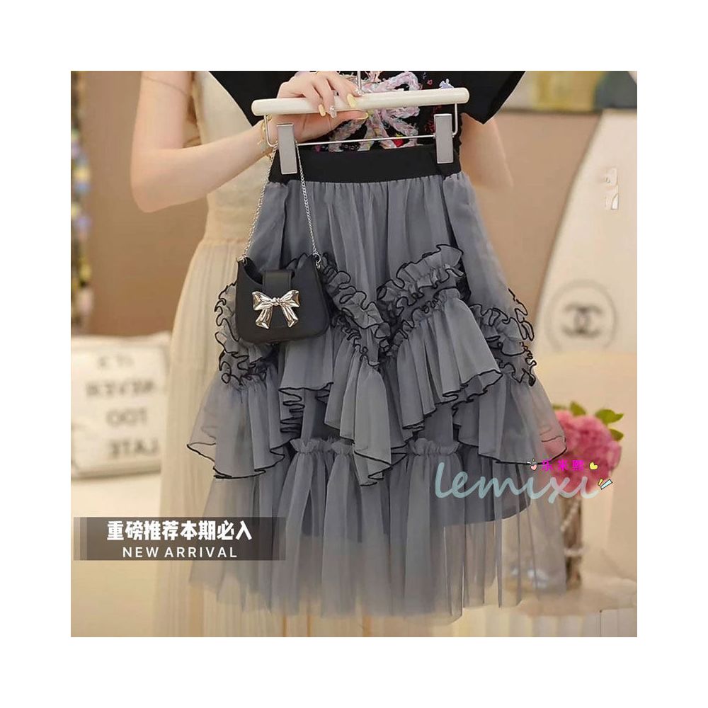 Girls Short sleeved Half skirt Set 2025 Summer Edition Sweet T shirt Bow Cartoon Waist Top Cake Yarn Skirt 8