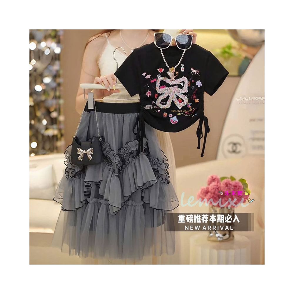 Girls Short sleeved Half skirt Set 2025 Summer Edition Sweet T shirt Bow Cartoon Waist Top Cake Yarn Skirt 8