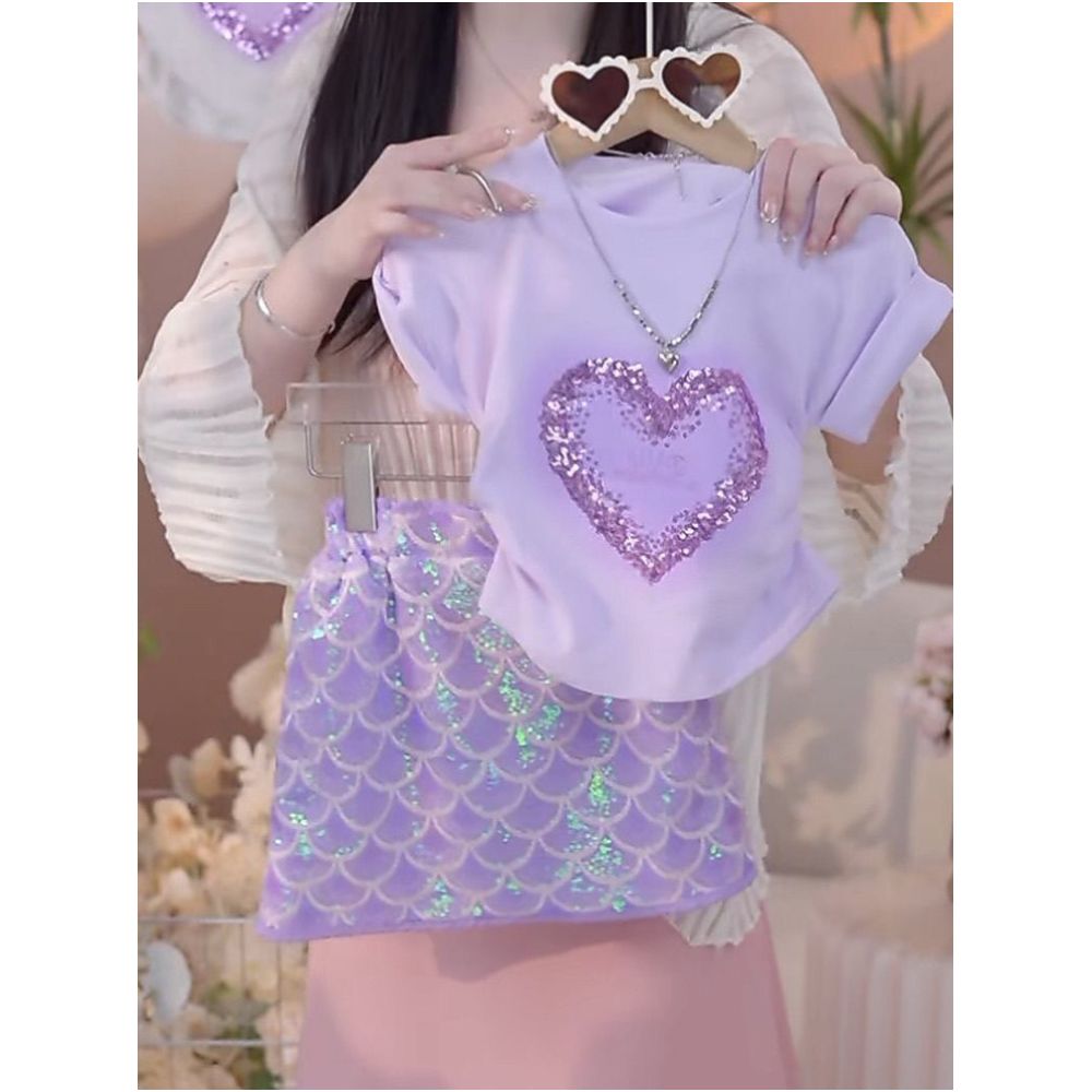 Little Girl Summer Sweet Princess Set Love Sparkle Short Sleeve T shirt Top Mermaid Half Skirt Two Piece Set image 0
