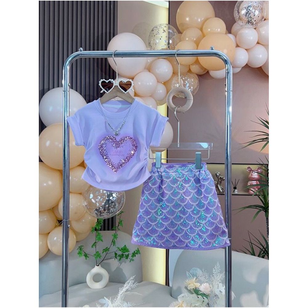 Little Girl Summer Sweet Princess Set Love Sparkle Short Sleeve T shirt Top Mermaid Half Skirt Two Piece Set image 1