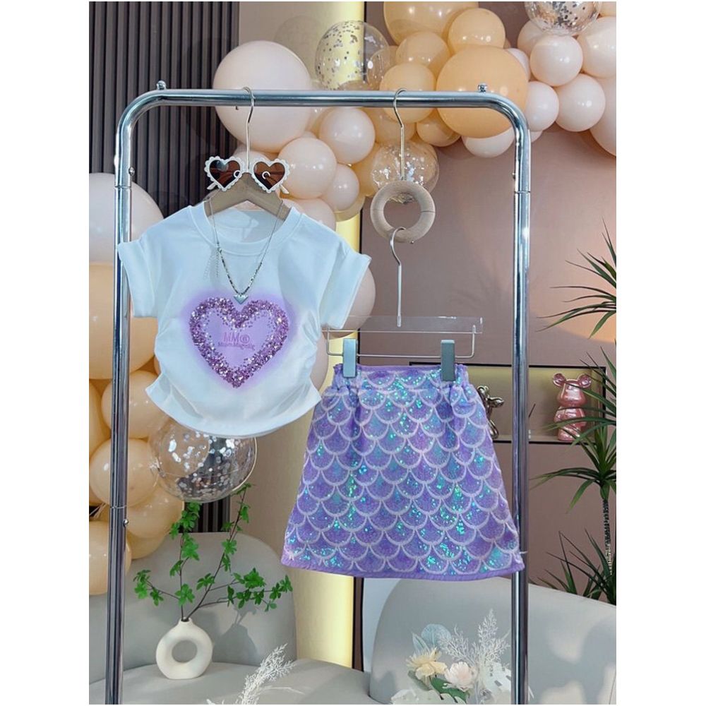Little Girl Summer Sweet Princess Set Love Sparkle Short Sleeve T shirt Top Mermaid Half Skirt Two Piece Set image 2