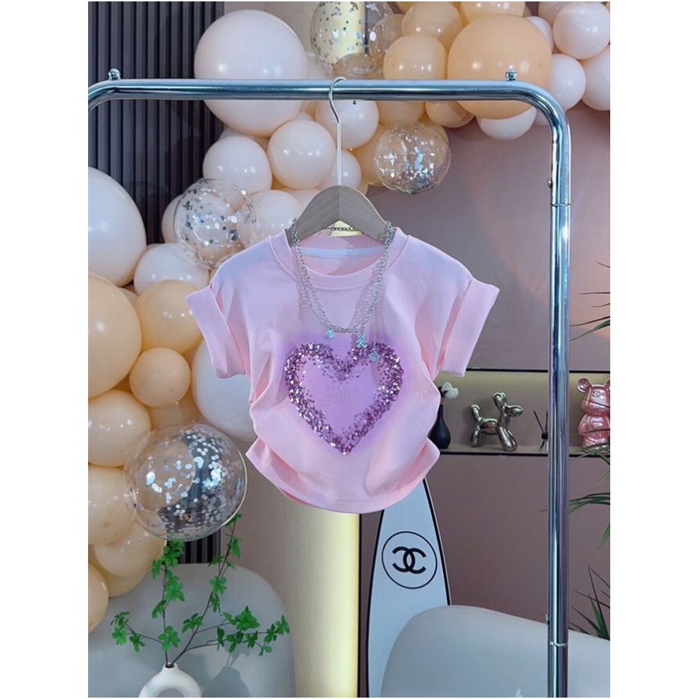 Little Girl Summer Sweet Princess Set Love Sparkle Short Sleeve T shirt Top Mermaid Half Skirt Two Piece Set image 3