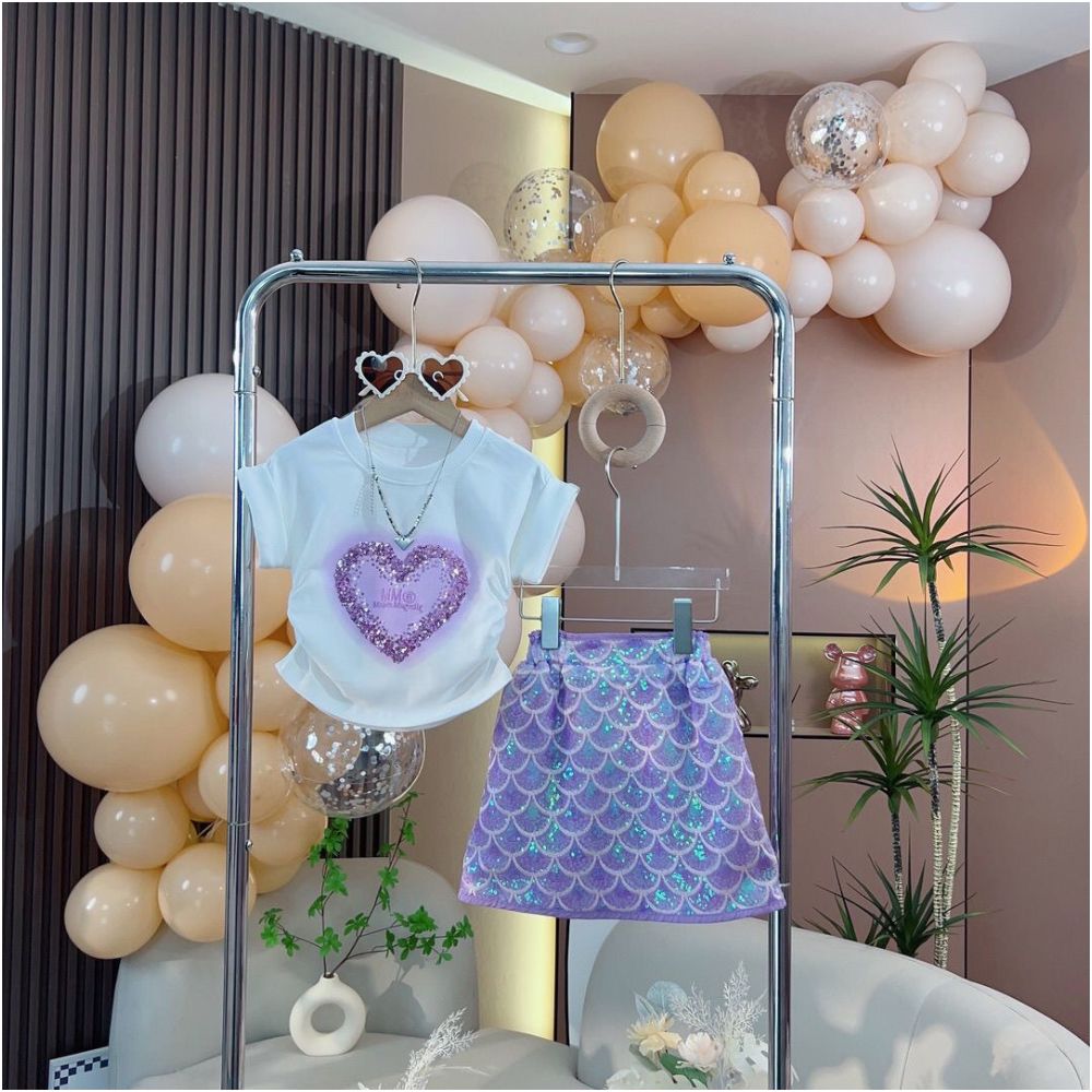 Little Girl Summer Sweet Princess Set Love Sparkle Short Sleeve T shirt Top Mermaid Half Skirt Two Piece Set