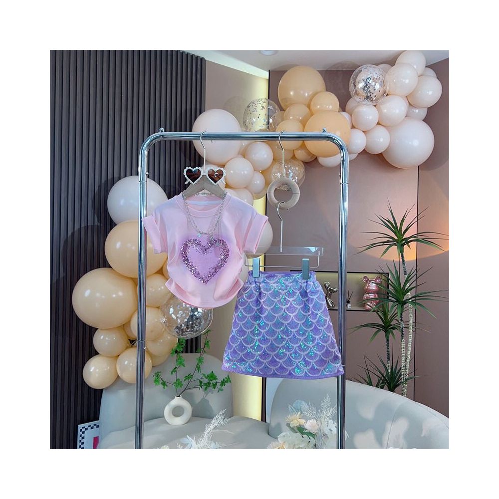 Little Girl Summer Sweet Princess Set Love Sparkle Short Sleeve T shirt Top Mermaid Half Skirt Two Piece Set