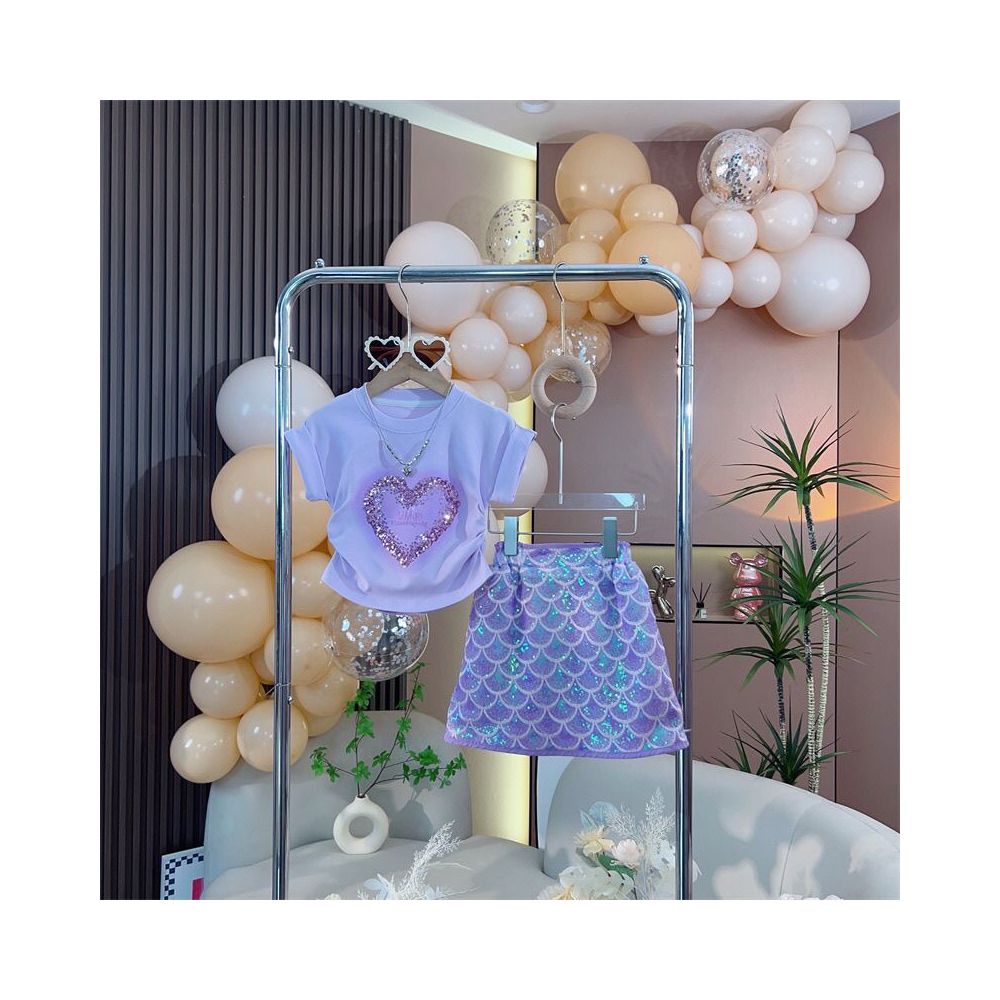 Little Girl Summer Sweet Princess Set Love Sparkle Short Sleeve T shirt Top Mermaid Half Skirt Two Piece Set