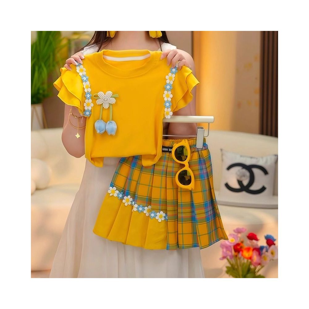 Girls Short sleeved T shirt Set Summer 2025 New Style Children s Stylish Top Summer Dress Girls pleated skirt two piece set image 1