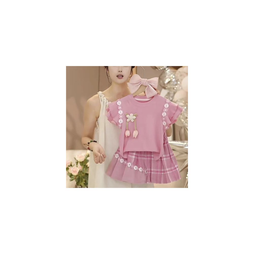 Girls Short sleeved T shirt Set Summer 2025 New Style Children s Stylish Top Summer Dress Girls pleated skirt two piece set