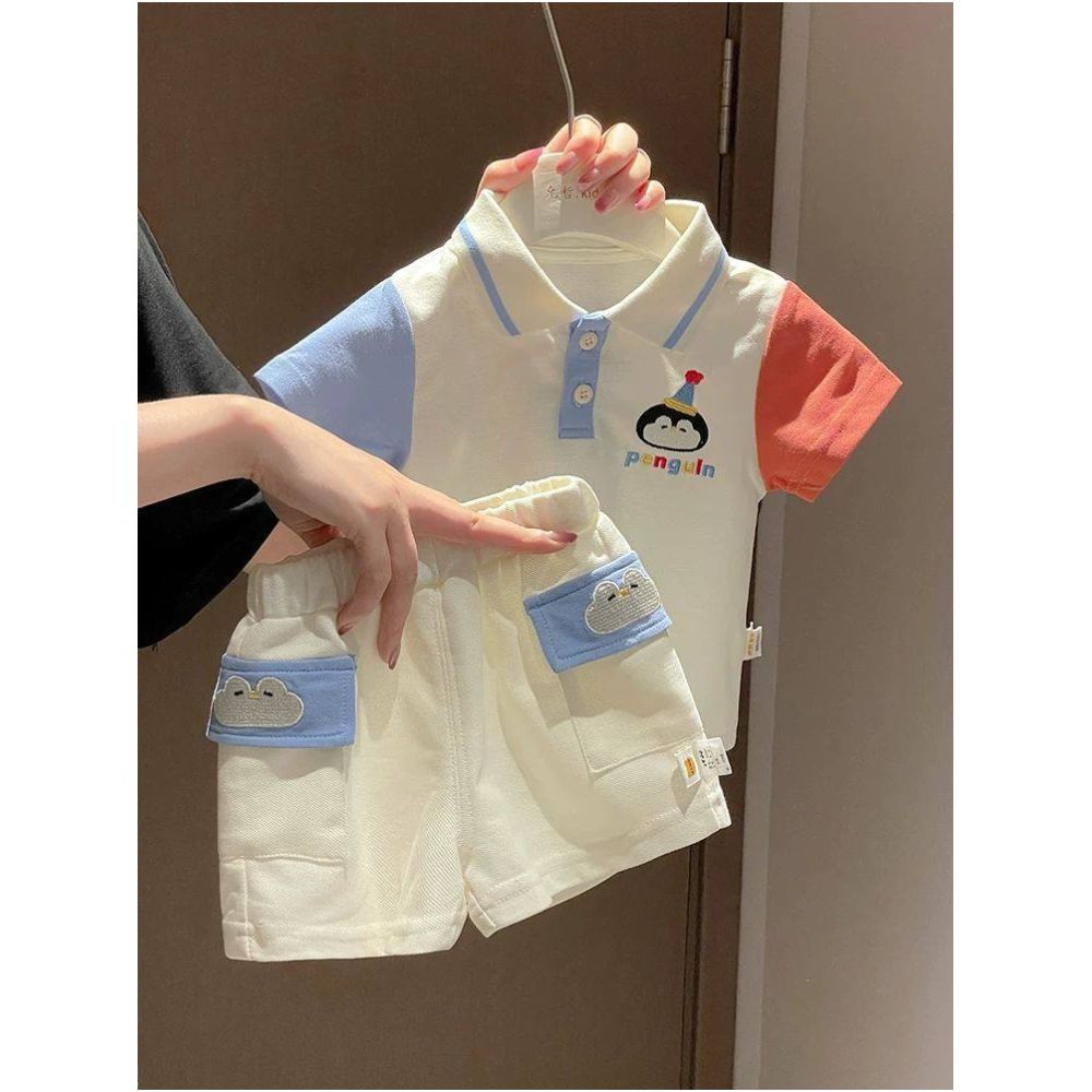 Baby Summer Short Sleeve Set Thin Cute Boys and Girls New Cartoon Embroidered Polo Shirt Shorts Two Piece Set image 0
