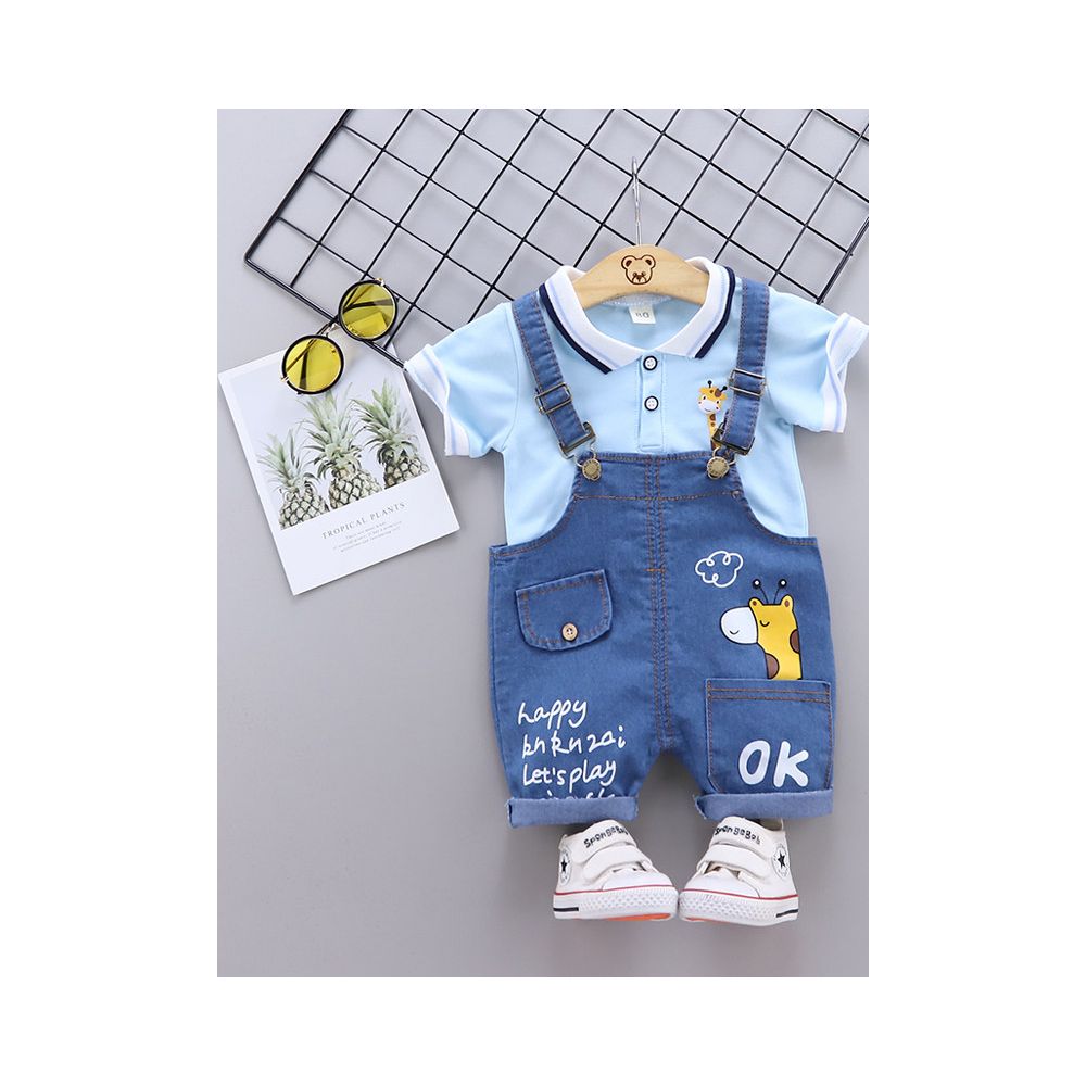 Boys summer outfit cartoon cute short sleeved denim overalls set baby s summer new style stylish thin style baby and children s clothing set image 0