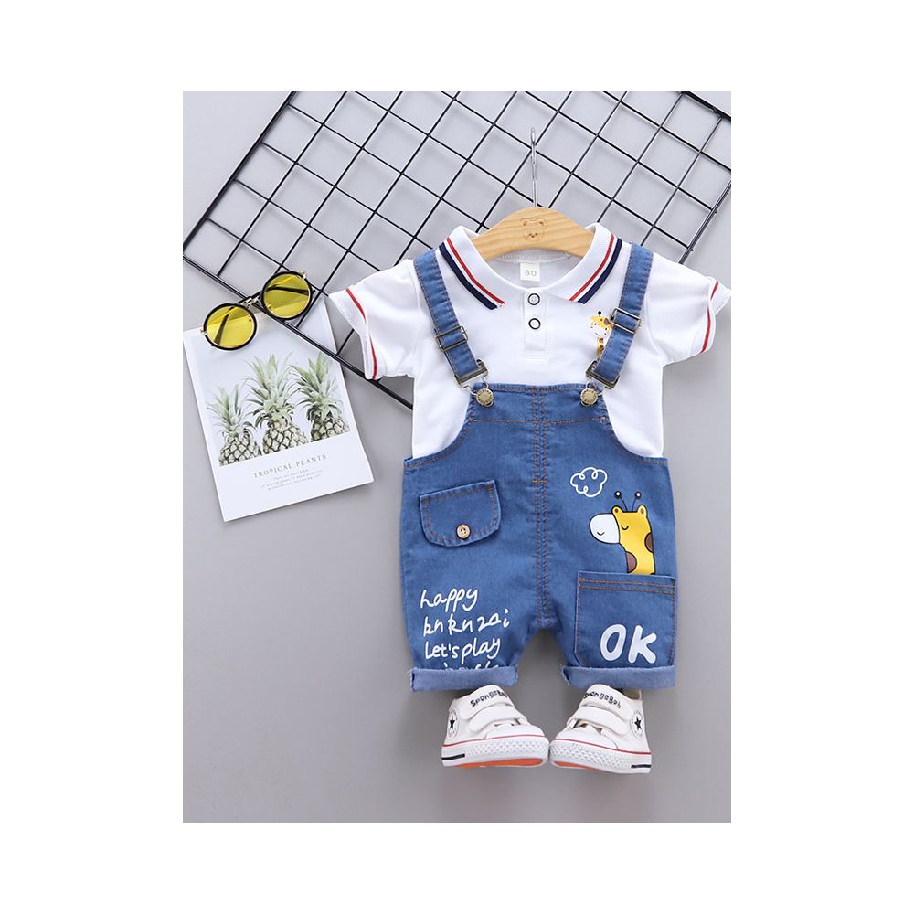 Boys summer outfit cartoon cute short sleeved denim overalls set baby s summer new style stylish thin style baby and children s clothing set image 1