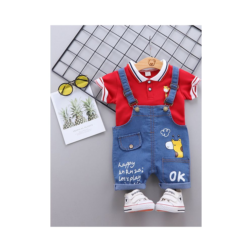 Boys summer outfit cartoon cute short sleeved denim overalls set baby s summer new style stylish thin style baby and children s clothing set image 2