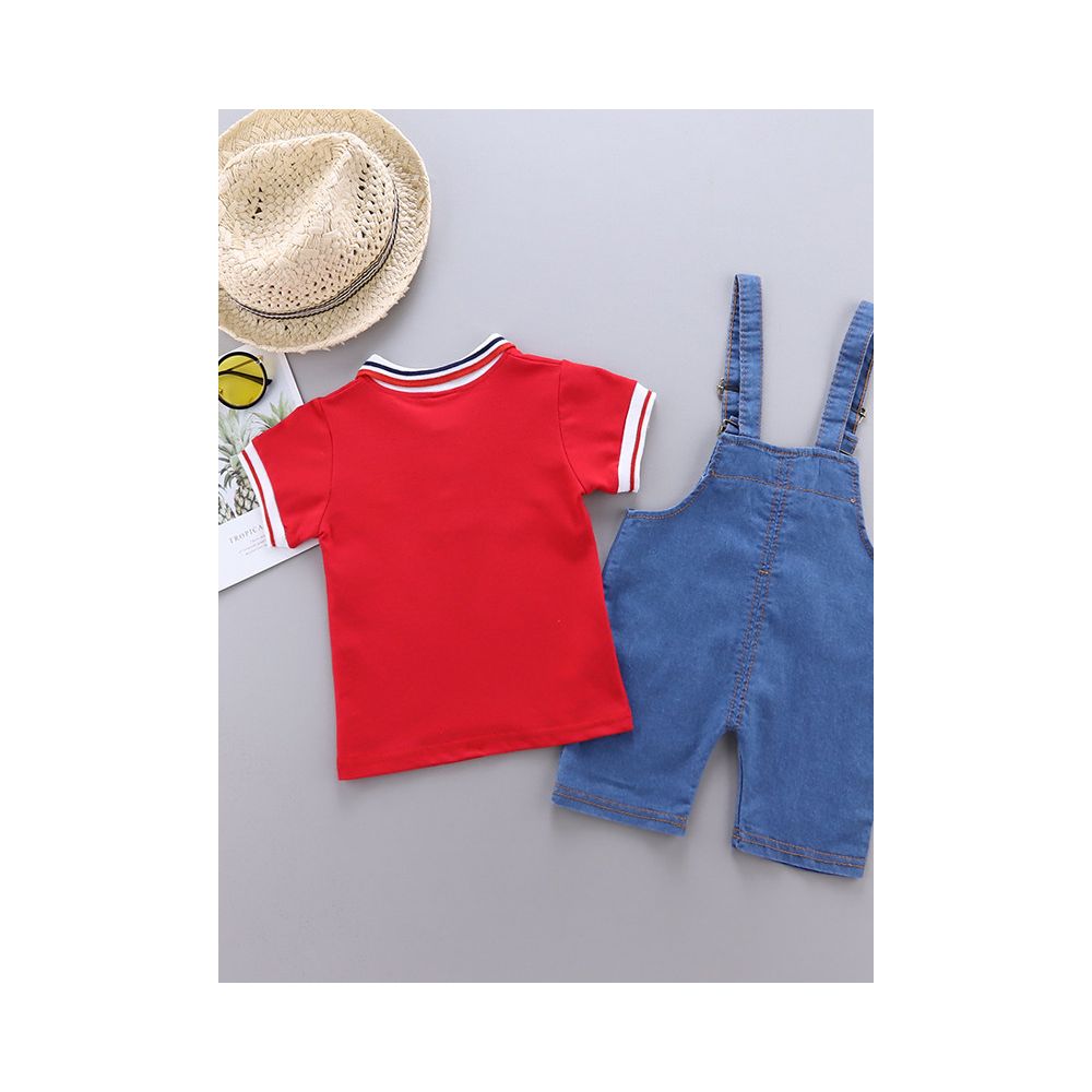 Boys summer outfit cartoon cute short sleeved denim overalls set baby s summer new style stylish thin style baby and children s clothing set image 3